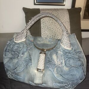 Fendi Blue Denim Squirrel Hobo Embroidered Spy Bag Italy Blue